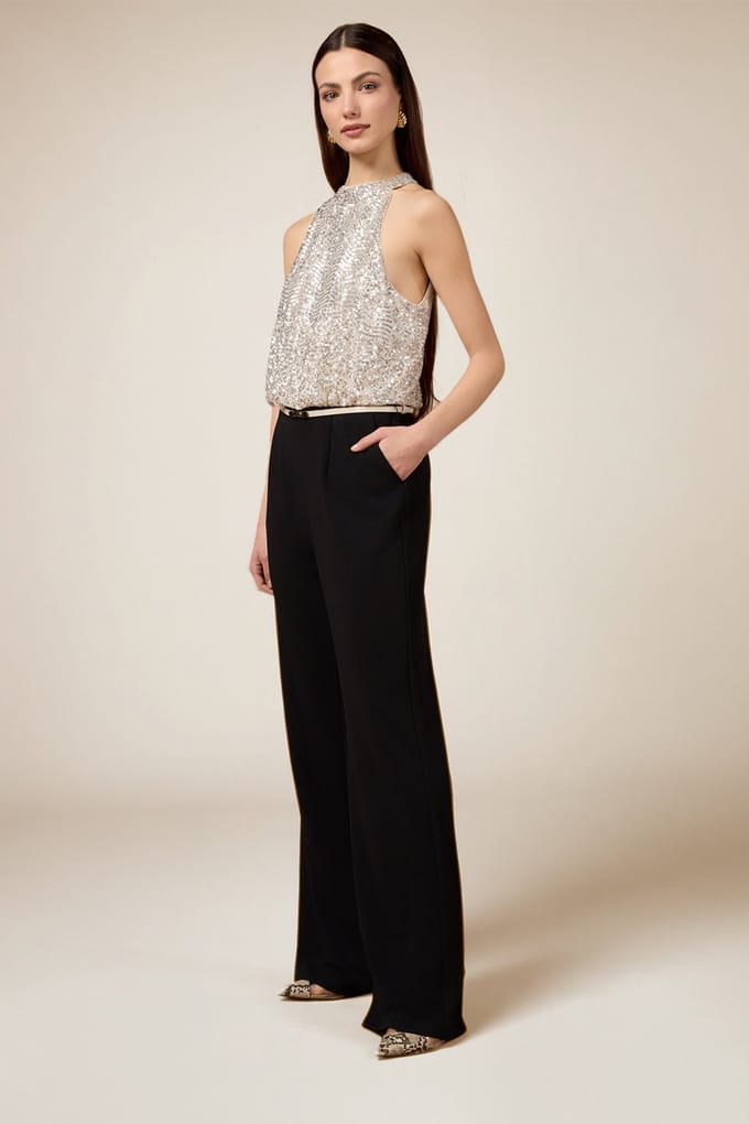 Oltre Two-material Jumpsuit With Sequin Top Black Maat: 48 | Jumpsuits Outlet | Dames | Zwart