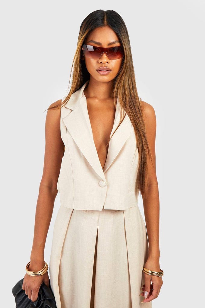 boohoo Dames Linnenlook getailleerd cropped gilet | Steen | Maat: 40