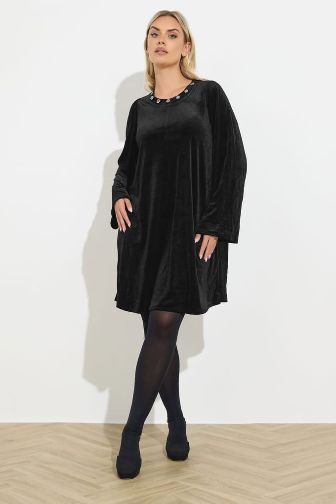 Yours Zwarte Velours Versierde Shiftjurk Size 44