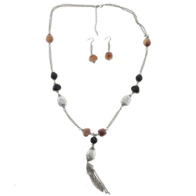 Behave - Set ketting oorbellen - Zilverkleur bruin zwart boho lang