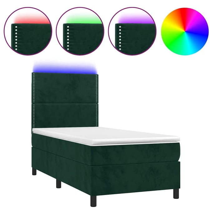 vidaXL - Boxspring - met - matras - en - LED - fluweel - donkergroen - 90x200 - cm