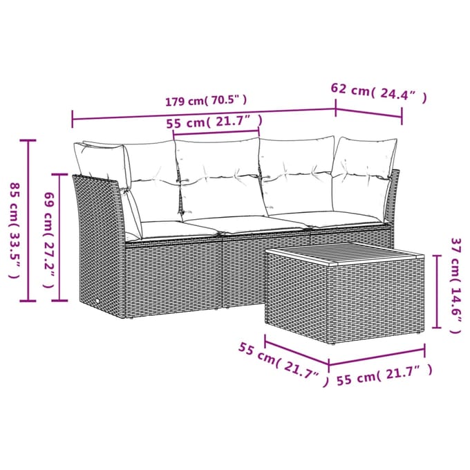 vidaXL - 4-delige - Loungeset - met - kussens - poly - rattan - grijs