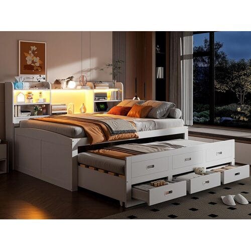ModernLuxe Slaapbank 140x200 cm - met LED-verlichting - 3 laden - met USB + Type-C - wit (matras niet inbegrepen)