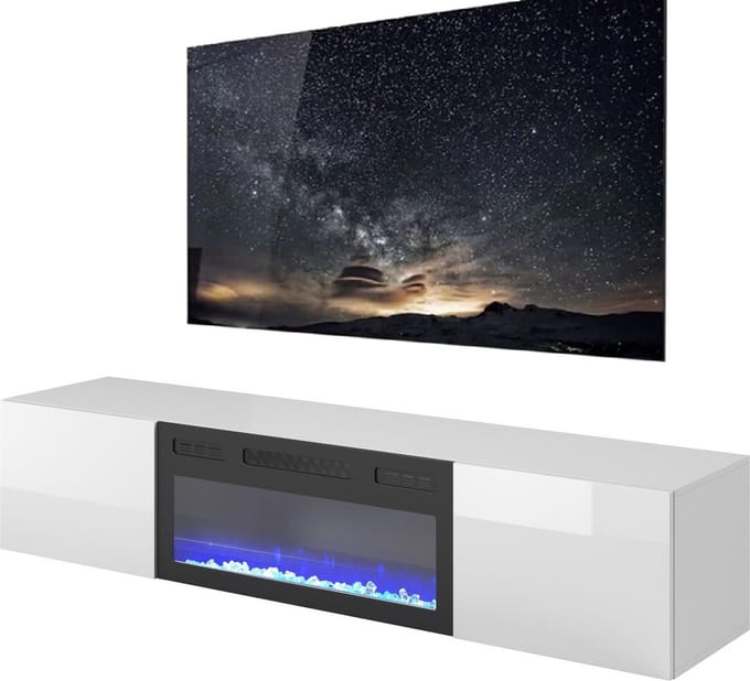 Zwevend Tv-meubel Livo 180 cm breed wit met sfeerhaard