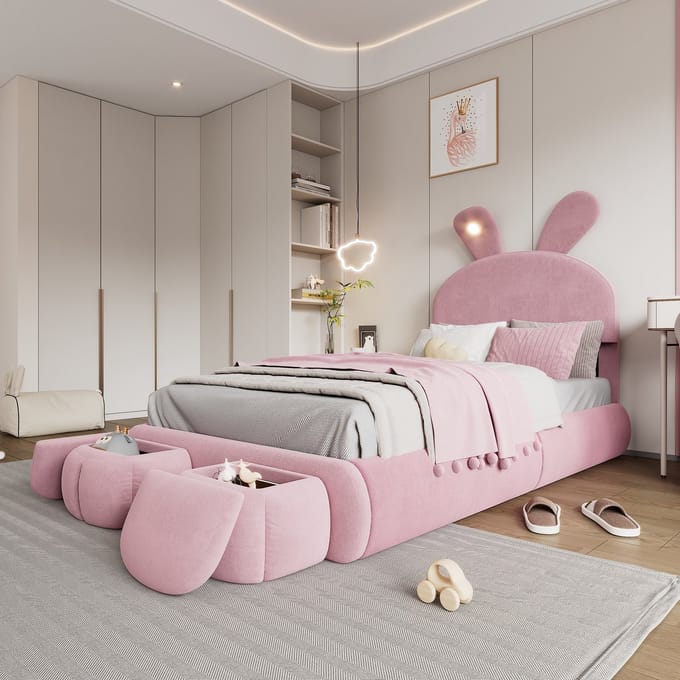 MODFU Gestoffeerd Kinderbed 90x200 cm – Met konijnenoren, LED & 2 opbergpoefs – Fluweel roze