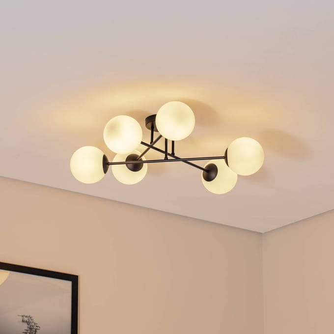 Euluna - plafondlamp - 6lichts - Staal, glas - H: 26 cm - E14 - zwart, wit opaal