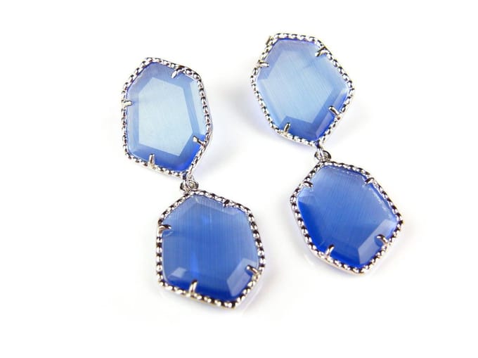 Zilveren oorringen oorbellen Model Hexagon met blauwe stenen