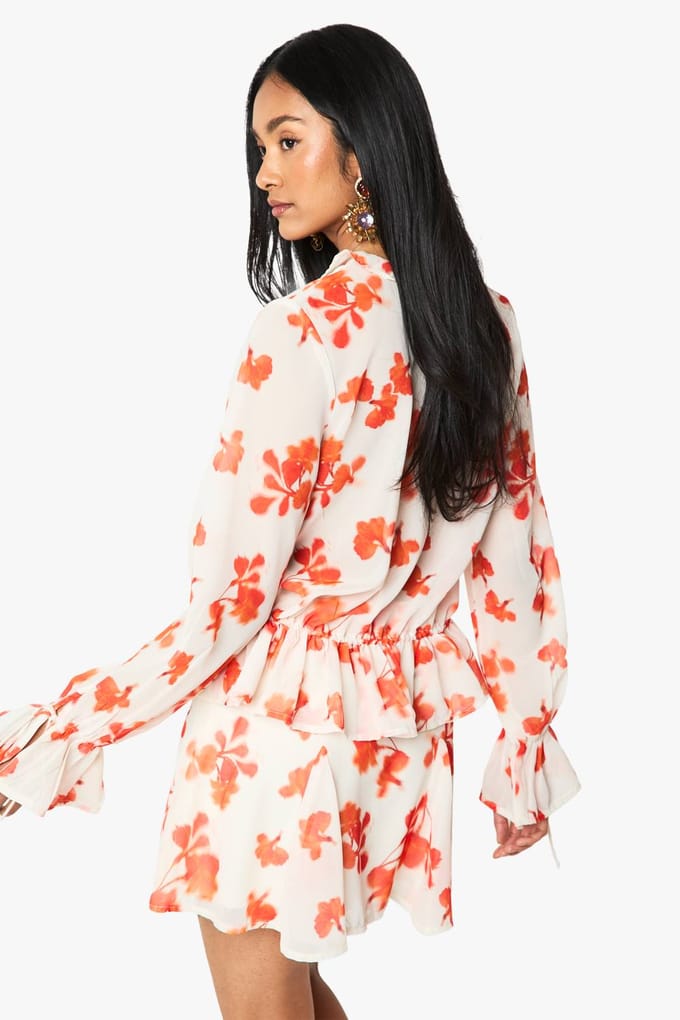 boohoo Dames Florale chiffon blouse met ruches | Rood | Maat: 34