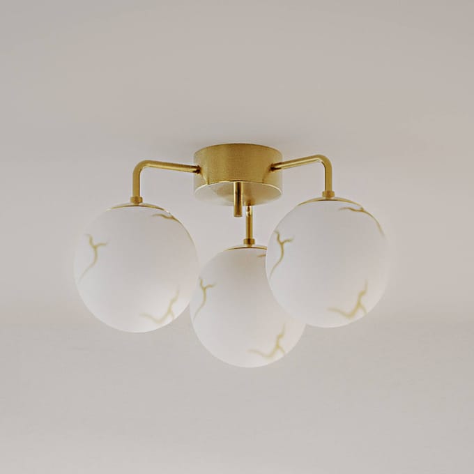 By Rydéns plafondlamp Bellagio, messing/wit, 3-lamps, glas