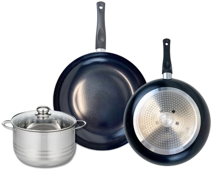 Set van 2 Koekenpannen 28 en 32 cm en 1 braadpan 20 cm Elo Prima Brillant