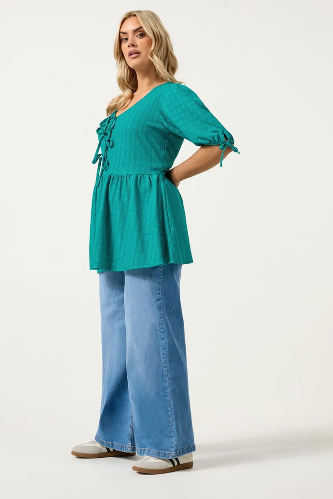 Yours Tealgroene Getextureerde Top Met Strik Aan De Voorkant Size 44