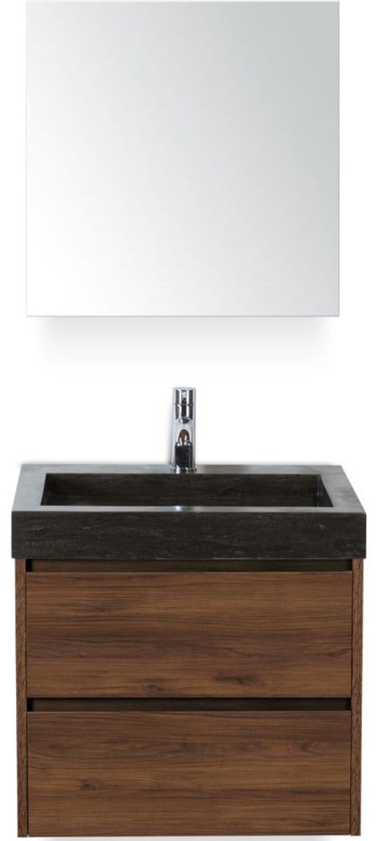 Dante Badmeubelset 60 cm - Walnoot - Wastafel Hardsteen Wit Lucca met Spiegelkast