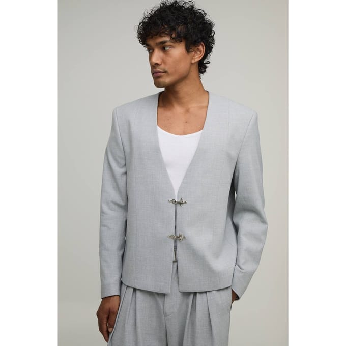 Oversized Boxy Colbertjasje Zonder Kraag Met Gesp Detail | Grey | Size 42