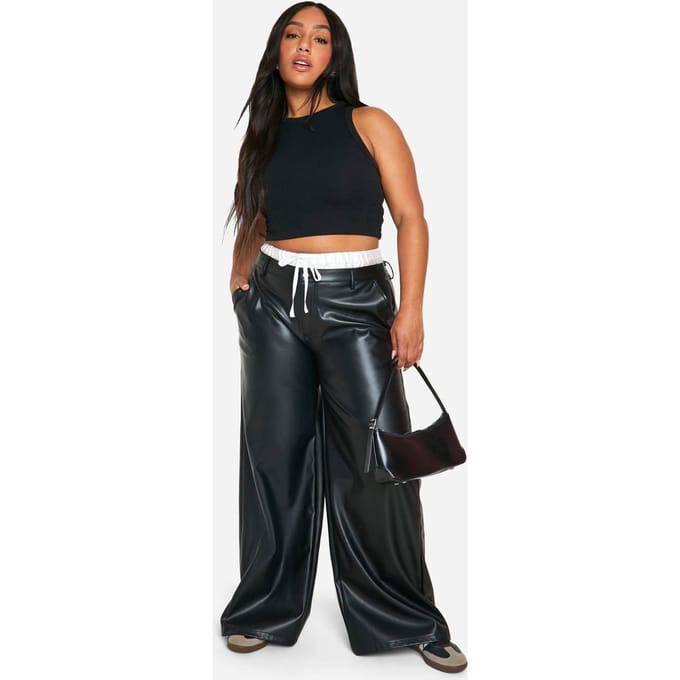 boohoo Dames Plus Satin Boxers met Tailleband en Wijde Pijpen | Black | Maat: 26