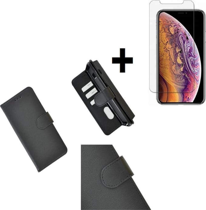 Geschikt voor iPhone 11 Pro Max Hoesje - Bookcase - iphone 11 Pro Max Screenprotector - Wallet Cover Zwart + Screen Protector Tempered Gehard Glas