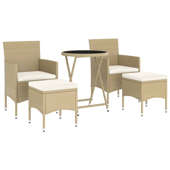 vidaXL - 5-delige - Bistroset - poly - rattan - en - gehard - glas - beige