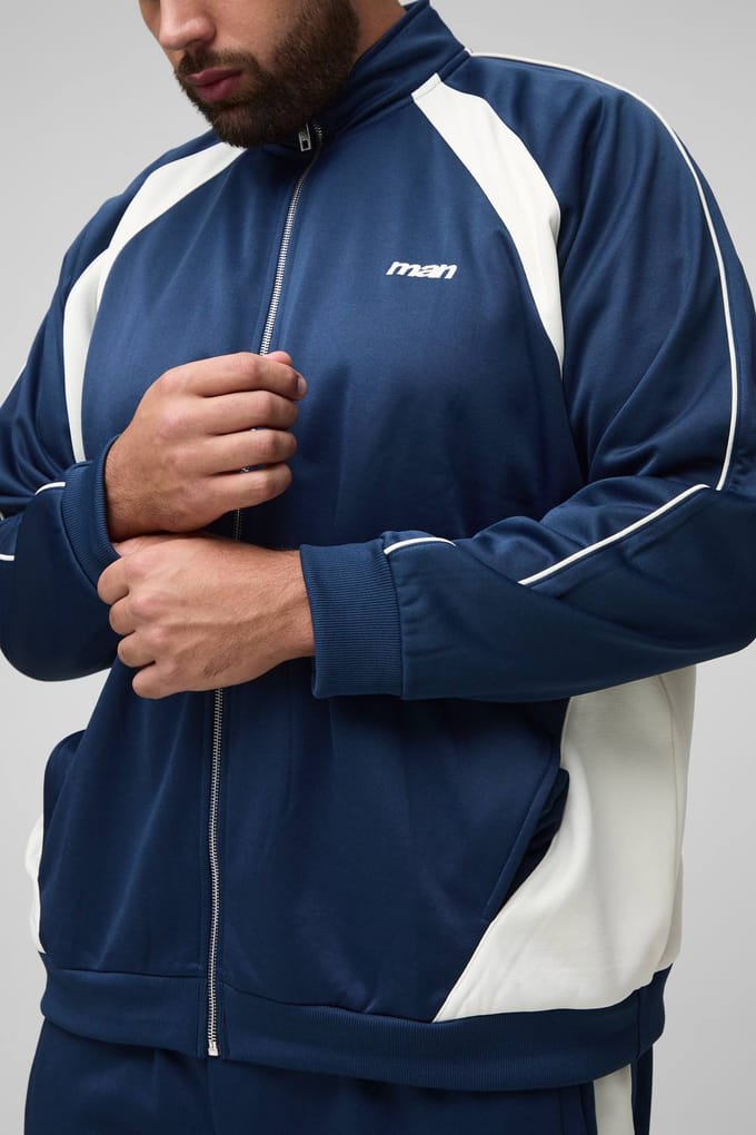 Plus Men's Regular Fit Tricot Kleurblok Funnel Neck Tracktop | Navy | Size 2XL