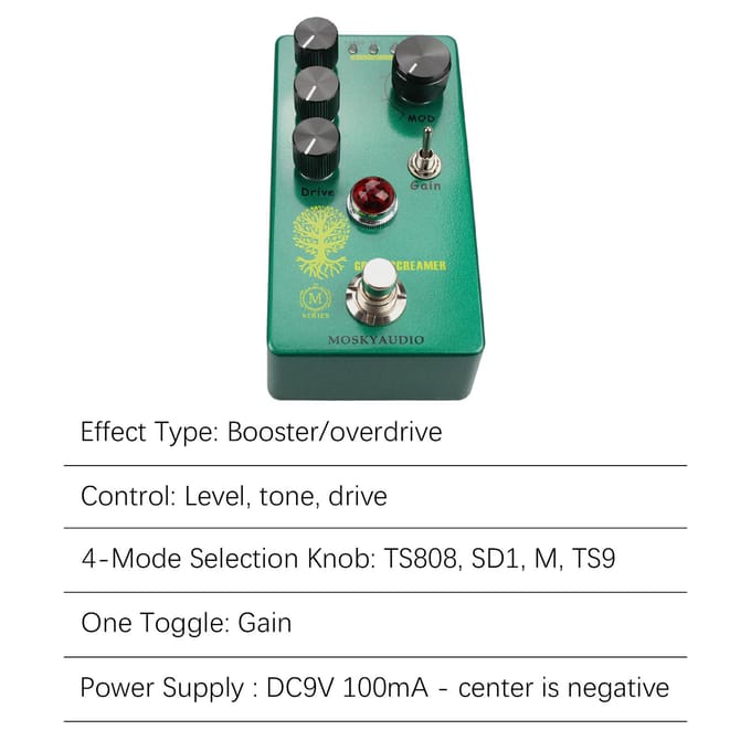 MOSKYAudio Booster/Overdrive Gitaar Effect Pedaal 4 Modus Schakelaar & Niveau/Toon/Drive Bediening Compact groen
