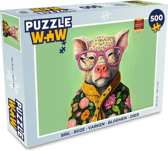 Puzzel Bril - Roze - Varken - Bloemen - Dier - Legpuzzel - Puzzel 500 stukjes
