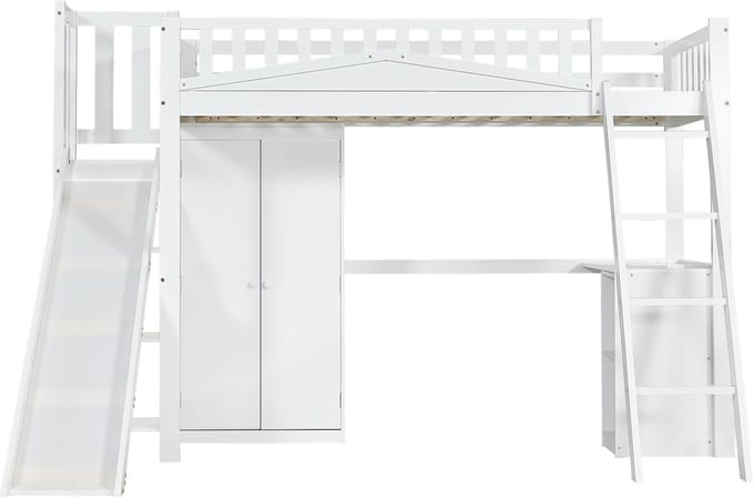 Sweiko Hoogslaper - 90x200 cm - met Tafel + Kleerkast + Glijbaan - Den + MDF - Wit