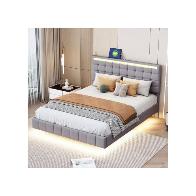 Lit - MUVOE - 140 x 200 cm - Rembourré - LED - Design moderne avec pieds cachés