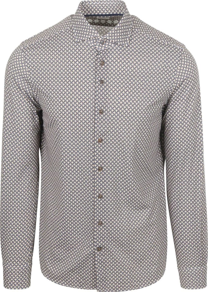 R2 Overhemd Retro Print Bruin Blauw - Maat 38 - Heren - Overhemden Formeel