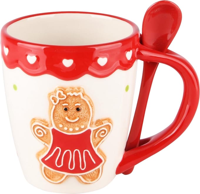 Dekoratief | Mok m/lepel m/cookie, dolomiet, wit/rood, 13x9x11cm | A235236