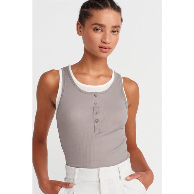 Katoenen Geribbelde Mouwloze Knopblouse