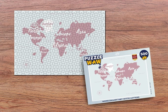 Puzzel Wereldkaart - Roze - Letters - Legpuzzel - Puzzel 500 stukjes