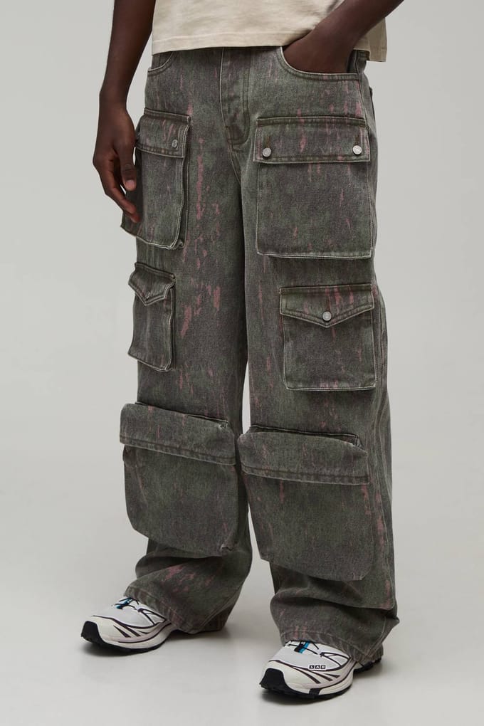 Bedrukte Gewassen Baggy Cargo Jeans | Grey | Size 32R