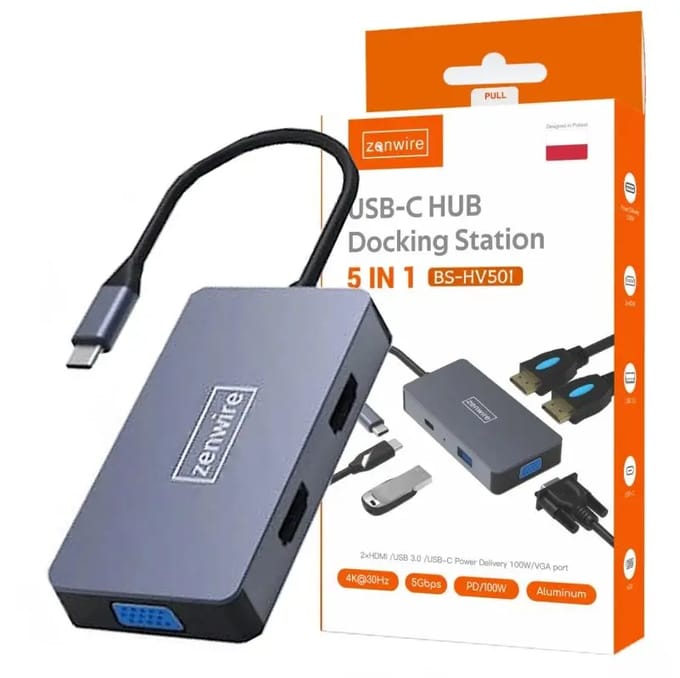 Zenwire 5in1 - Hub USB-C - Multiport 2 x HDMI 4K 30 HZ - USB-C Power Delivery - Adapter USB 3.0 - VGA - Thunderbolt 3.0