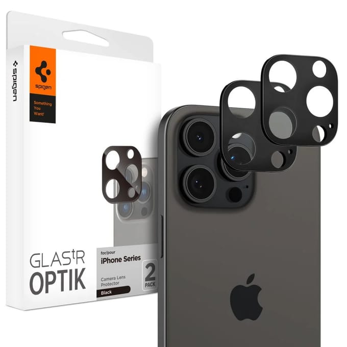 Spigen Camera Lens Protector Geschikt voor Apple iPhone 15 Pro Max / 15 Pro / 14 Pro Max / 14 Pro - Glas.tR Optik - 9H Tempered Glass - 2-Pack Zwart