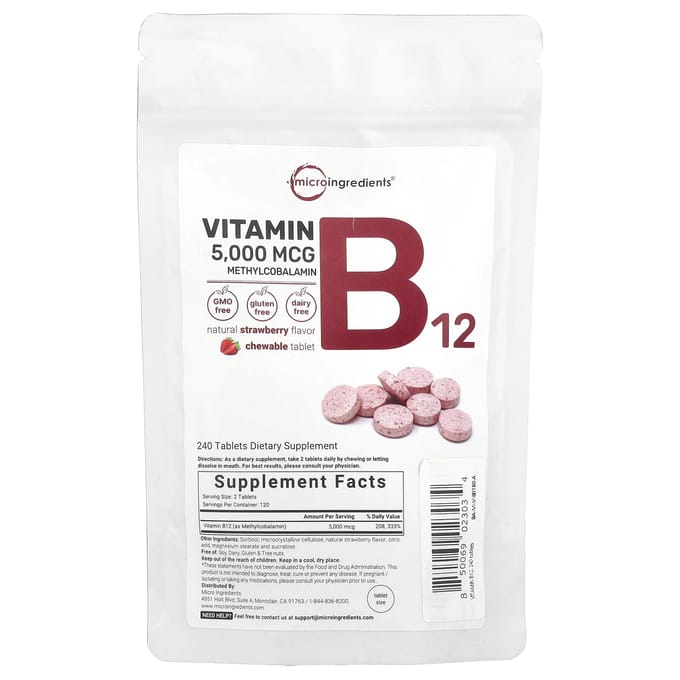 Vitamine B12 Méthylcobalamine, Saveur Fraise, Comprimés à Croquer 240 Comprimés (2 500 mcg par comprimé)