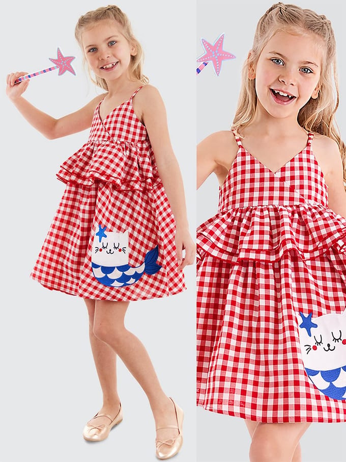 Denokids CFF-24Y2-025 Rode Meisjesjurk van Poplin met Zee Kat Print110