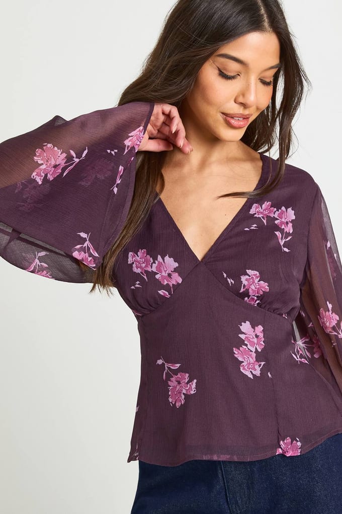 boohoo Dames Bloemen Chiffon Engelenmouw Blouse | Fig | Maat: 6