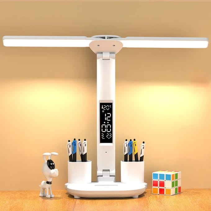LED Bureaulamp met Dubbele Kop, Vouwbaar Touchscreen, Kalender & Klok, USB Aansluiting – Ideaal voor Bureau & Leeslamp