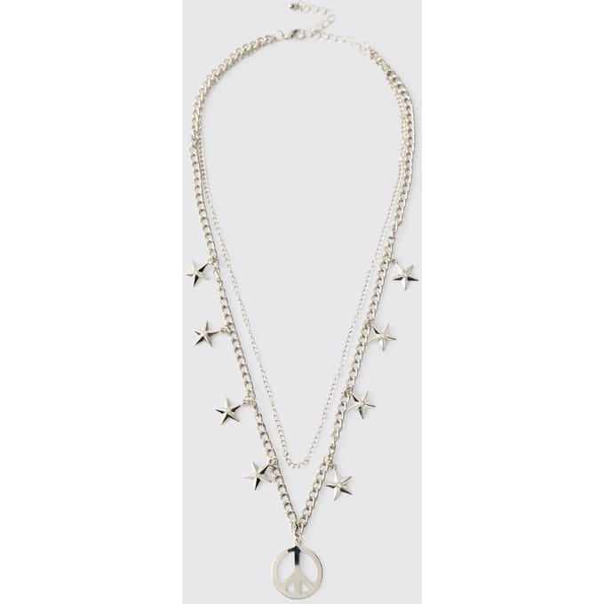 Silver Layered Chain with Star Accents and Peace Pendant