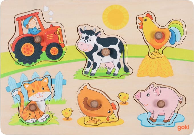GOKI Steekpuzzel - Op De Boerderij - 6 Delen - 30X21X2,4Cm - Hout - 1 Jaar