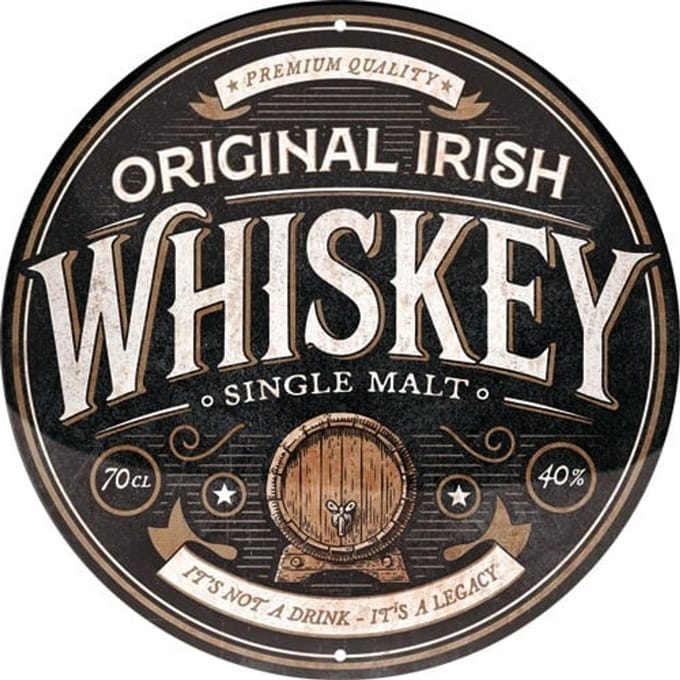 Whiskey Original Irish. Metalen wandbord in reliëf Ø 35 cm.