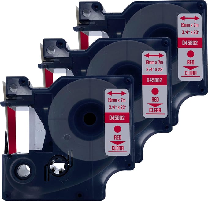DULA Dymo D1 45802 Compatible label tape - 3 lettertapes - Rood op transparant - 19mm x 7m