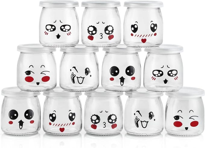 Set van 12 glazen yoghurtglazen van 200 ml met plastic deksel voor desserts, jam, honing en opslag