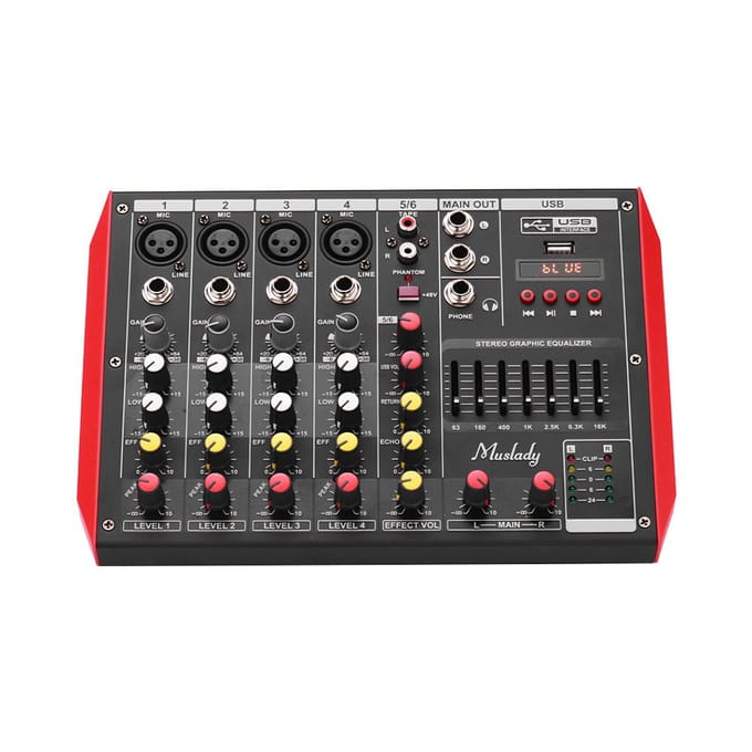 Muslady D6 Mixerconsole draagbaar met 6 kanalen Mixer EQ en 7 banden 6-Channel-US zwart