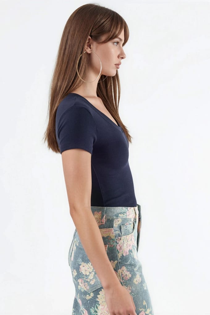 Elastische V-hals Korte Mouw T-Shirt