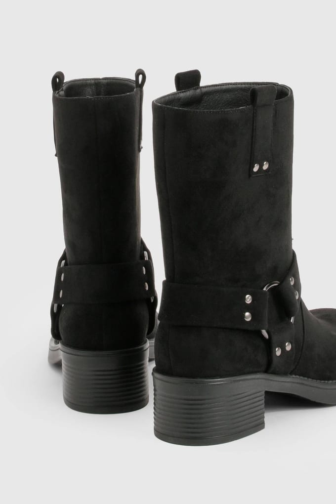 boohoo Dames Faux Suede Harness Detail Biker Boots | Black | Maat: 3