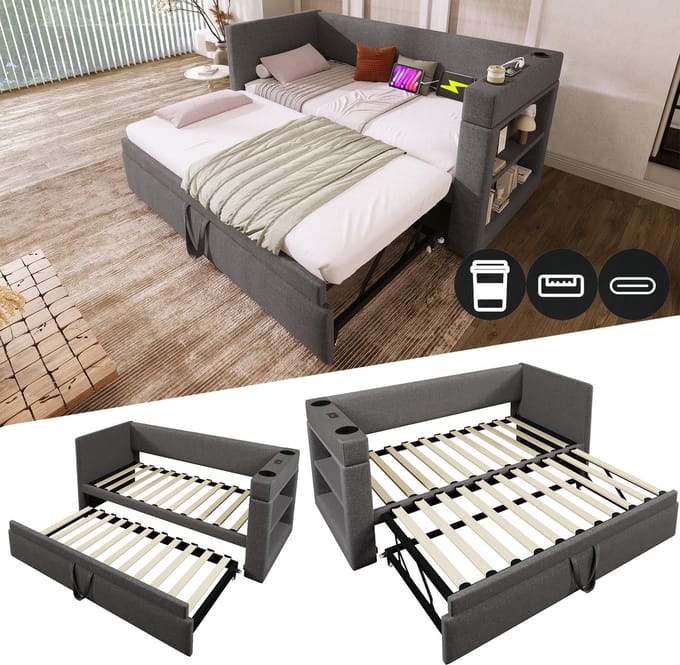 Gestoffeerd Dagbed - 90x190 - Uitklapbed + USB / Type-C Opladen + Drinkhouder - Linnenmix - Grijs