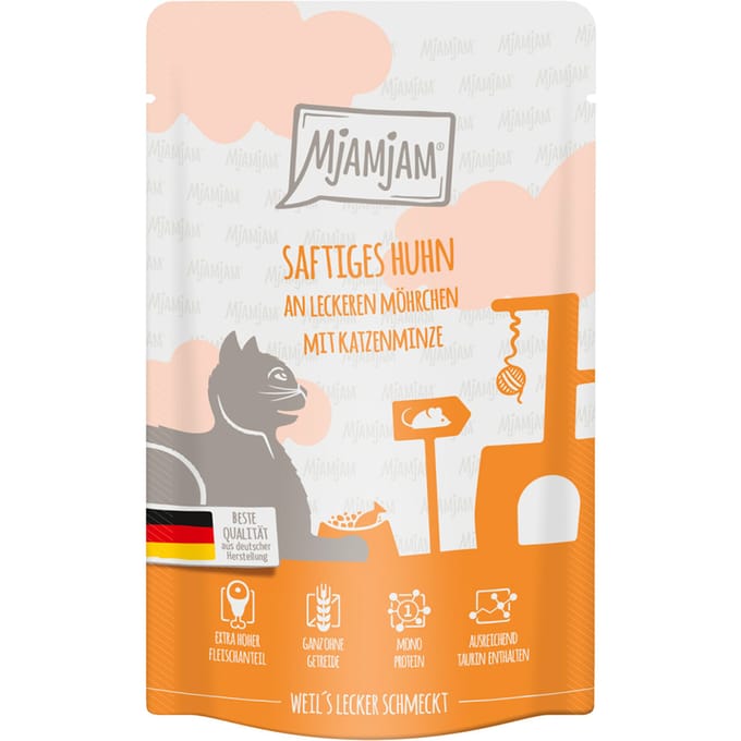 24x125g MjAMjAM Quetschie Sappige Kip op Lekkere Wortels Kattenvoer Nat
