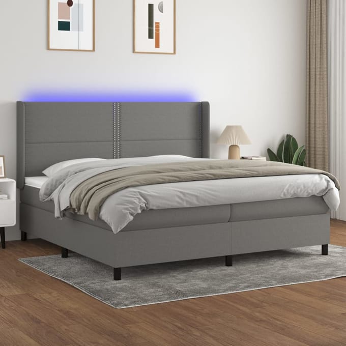 vidaXL - Boxspring - met - matras - en - LED - stof - donkergrijs - 200x200 - cm