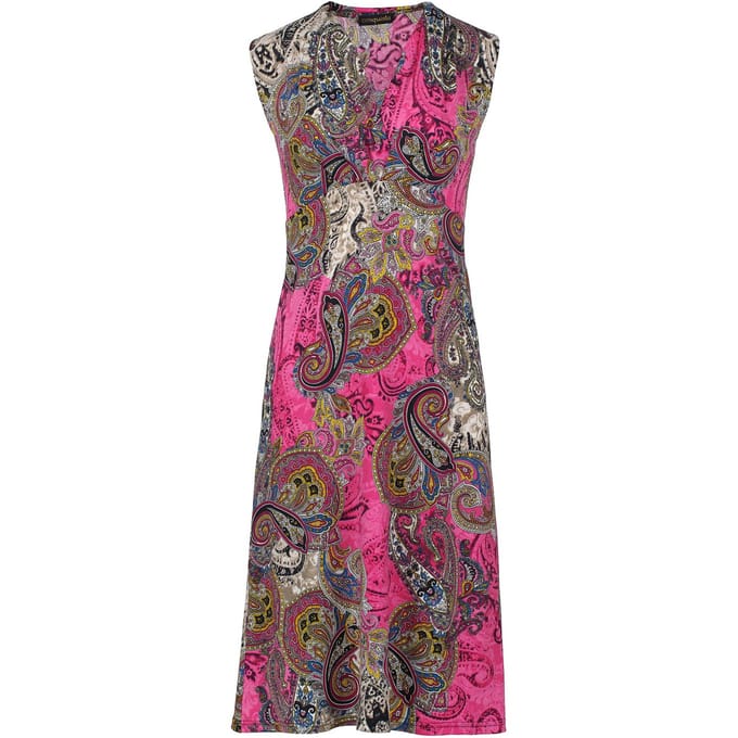 Mouwloze Empire Line-jurk in Fuchsia print