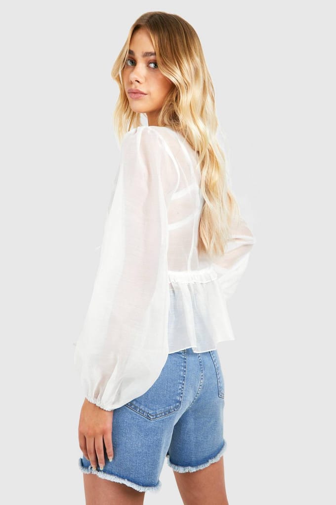boohoo Dames Textured Tie Volume Sleeve Blouse | White | Maat: 10