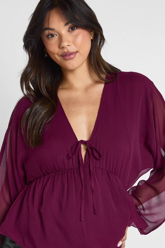 boohoo Dames Chiffon blouse met strik aan de voorkant en volume | Wine | Maat: 8